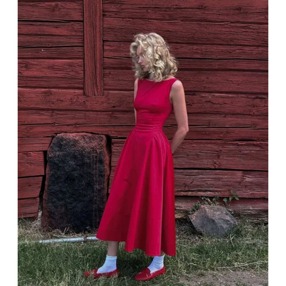 Helsa Red Stretch Cotton Sateen Midi Dress - Picture 3 of 12